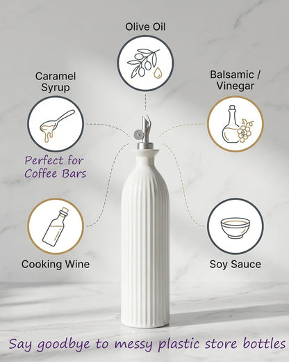 17 oz Ceramic Olive Oil Bottle Dispenser for kitchen with Stainless Automatic Spout, Stoneware 500ml Oil, Vinegar, Soy Sauce, Coffee Syrup, and Liquids container - Deep Gray-Blue