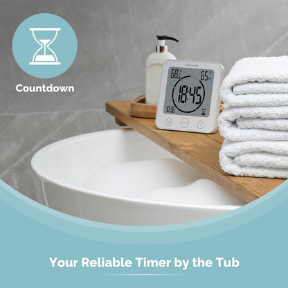 KADAMS Shower Clock Waterproof Bathroom Timer – Digital Wall Clock with Countdown, Magnetic Kitchen Clock with Temperature & Humidity, Suction Cup for Kids Shower Spa Cook Bath (Black)