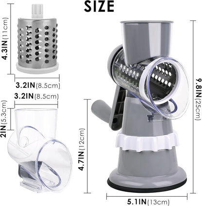 Rotary Cheese Grater Hand Crank with Peeler, Cheese Shredder with 3 Stainless Steel Changeable Blades, Kitchen Food Slicer with Non-Slip Suction Base for Cheese Fruit Vegetables Nuts (Gray)