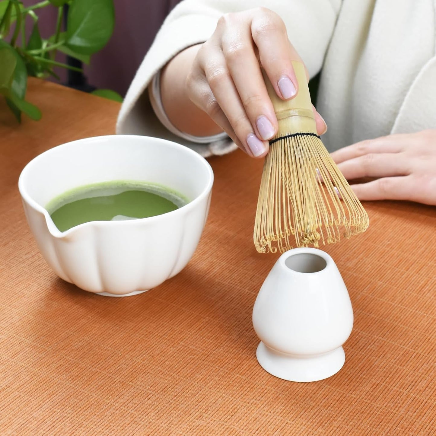Artcome 4 Pcs Japanese Matcha Tea Set - Matcha Bowl with Pouring Spout, Matcha Whisk, Tea Scoop, Whisk Holder, Handmade Matcha Ceremony Kit For Japanese Tea Ceremony, Rose