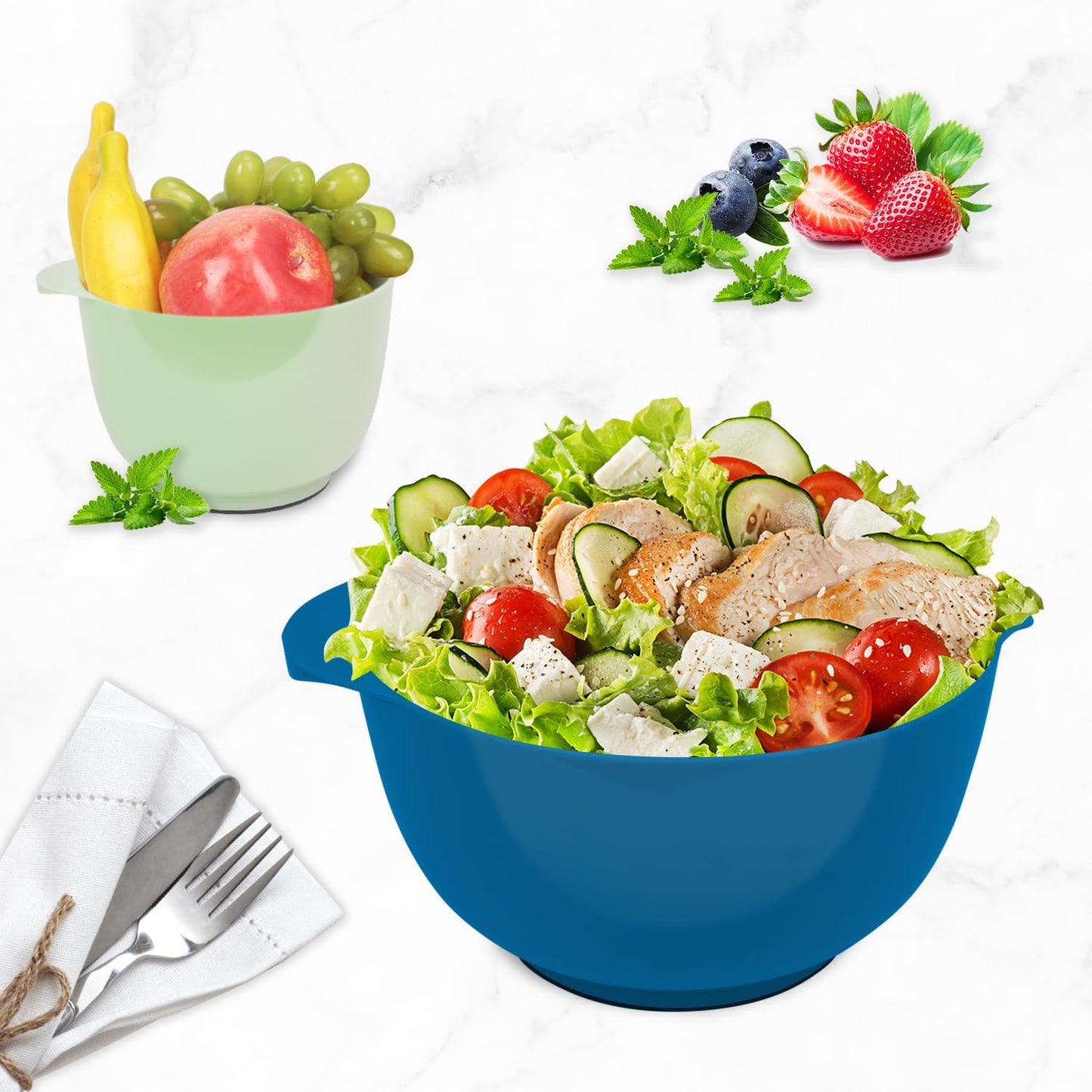 BoxedHome Green Ombre Nesting Plastic Mixing Bowl Set With Pour Spout, Microwave and Dishwasher Safe, BPA free Non-Slip Base, Set of 4 Size 1.7, 2.5, 3.5 and 4.5qt, Great for Prepping, Baking, Cooking