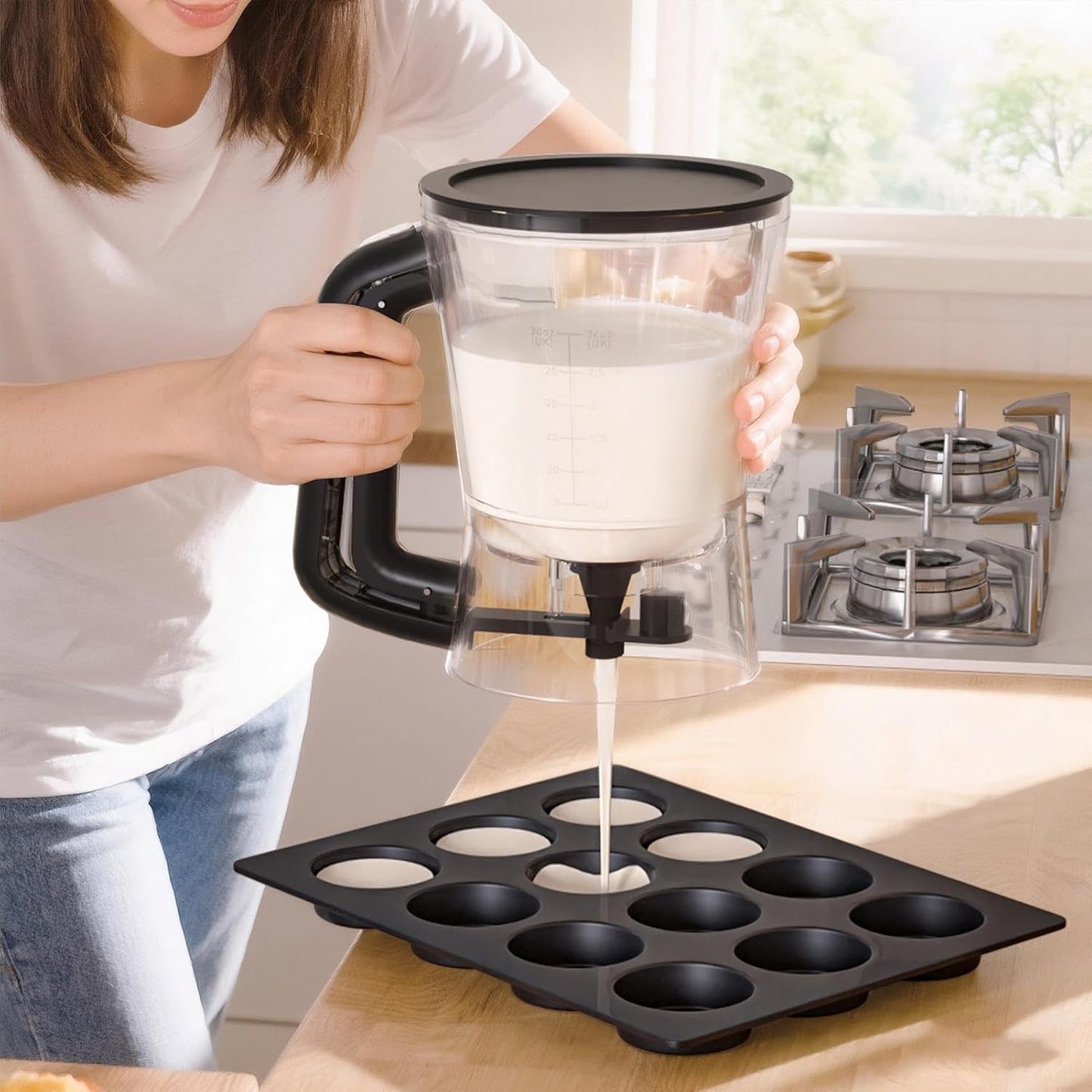 Pancake Batter Mixer - 1L Funnel Shape Container, Precise Baking Accessory, Comfortable Squeeze Handle, Cake Dispenser with Stand | Controlled Batter Pourer for Maker Waffles Pancakes Sauce Dressing