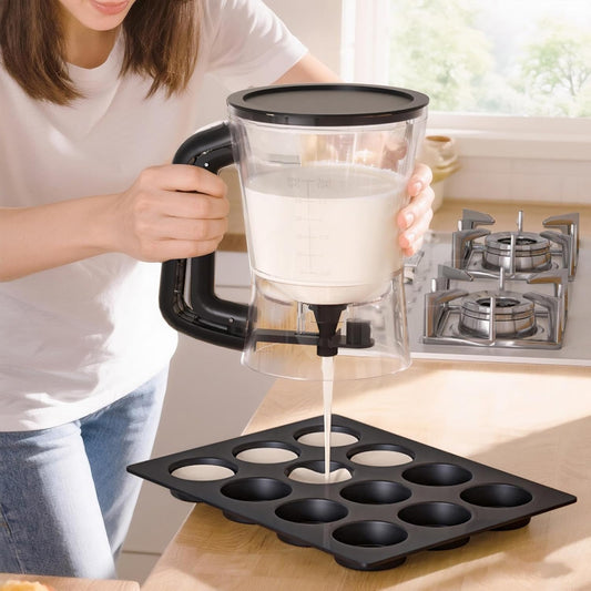 Pancake Batter Mixer - 1L Funnel Shape Container, Precise Baking Accessory, Comfortable Squeeze Handle, Cake Dispenser with Stand | Controlled Batter Pourer for Maker Waffles Pancakes Sauce Dressing