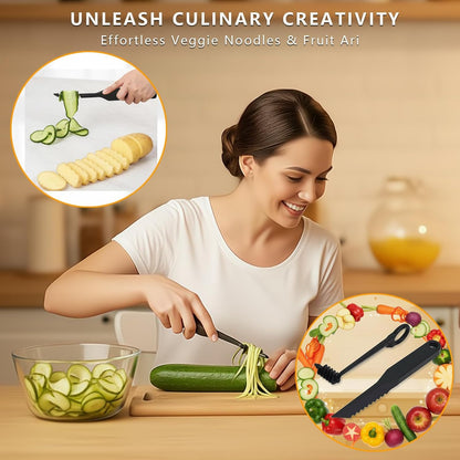 Spiral & V-Shaped Fruit Cutter Set - Manual Vegetable Spiralizer and Julienne Peeler for Healthy Zoodles, Curly Fries - Kitchen Gadget for Spiral, Straight & Wavy Cuts