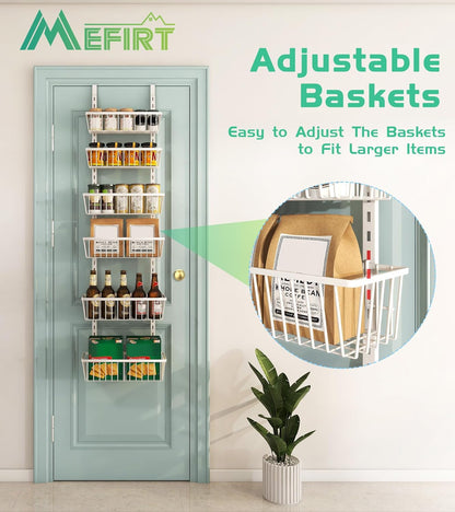 Mefirt White 9-Tier Over The Door Pantry Organizer, Pantry Organization and Storage, Deep Baskets Hanging Heavy-Duty Metal, Wall Spice Rack Seasoning Shelves for Home & Kitchen, Laundry Room Bathroom