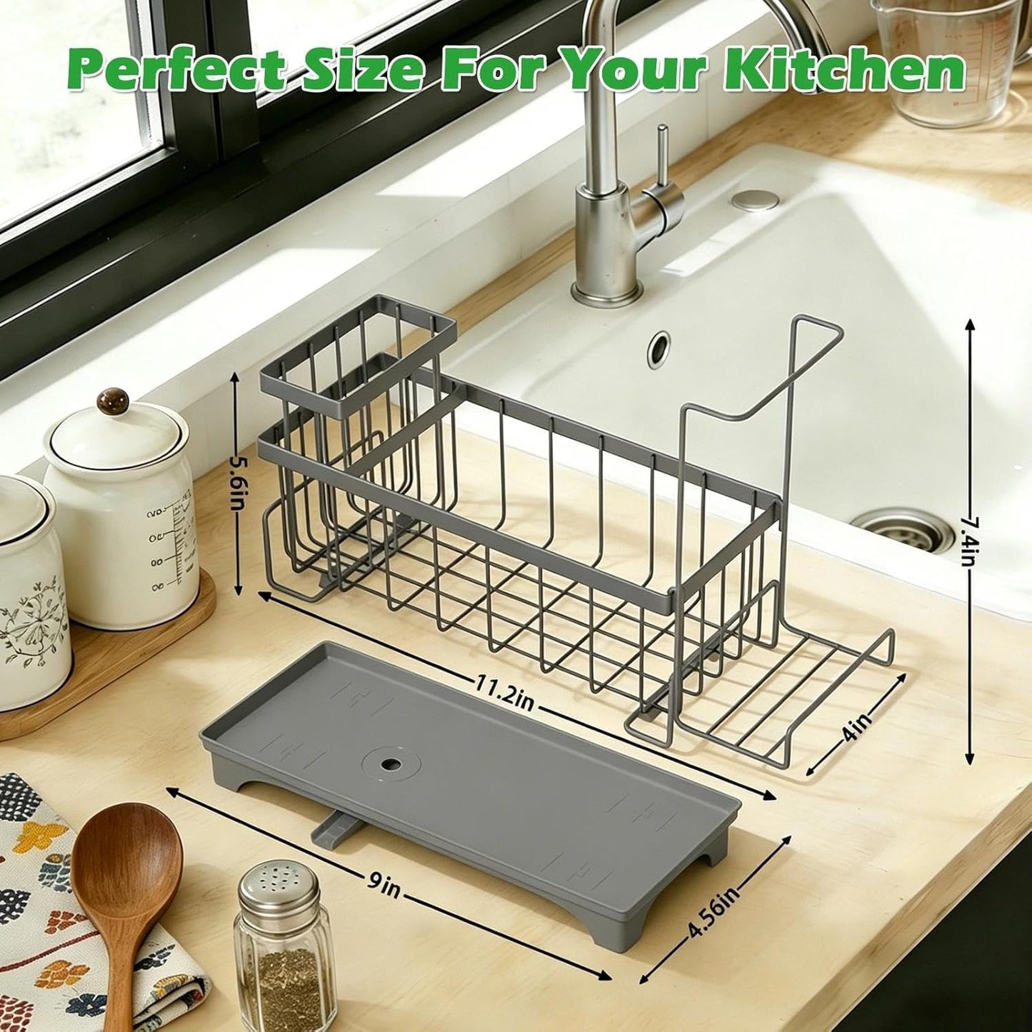 Sponge Holder for Kitchen Sink, Sink Caddy Organizer with Detachable Cloth & Brush Holder, Self-Draining Sponge Caddy Organizer with 360° Rotatable Spout, Kitchen Countertop Storage Accessories(White)