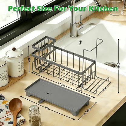 Sponge Holder for Kitchen Sink, Sink Caddy Organizer with Detachable Cloth & Brush Holder, Self-Draining Sponge Caddy Organizer with 360° Rotatable Spout, Kitchen Countertop Storage Accessories(White)