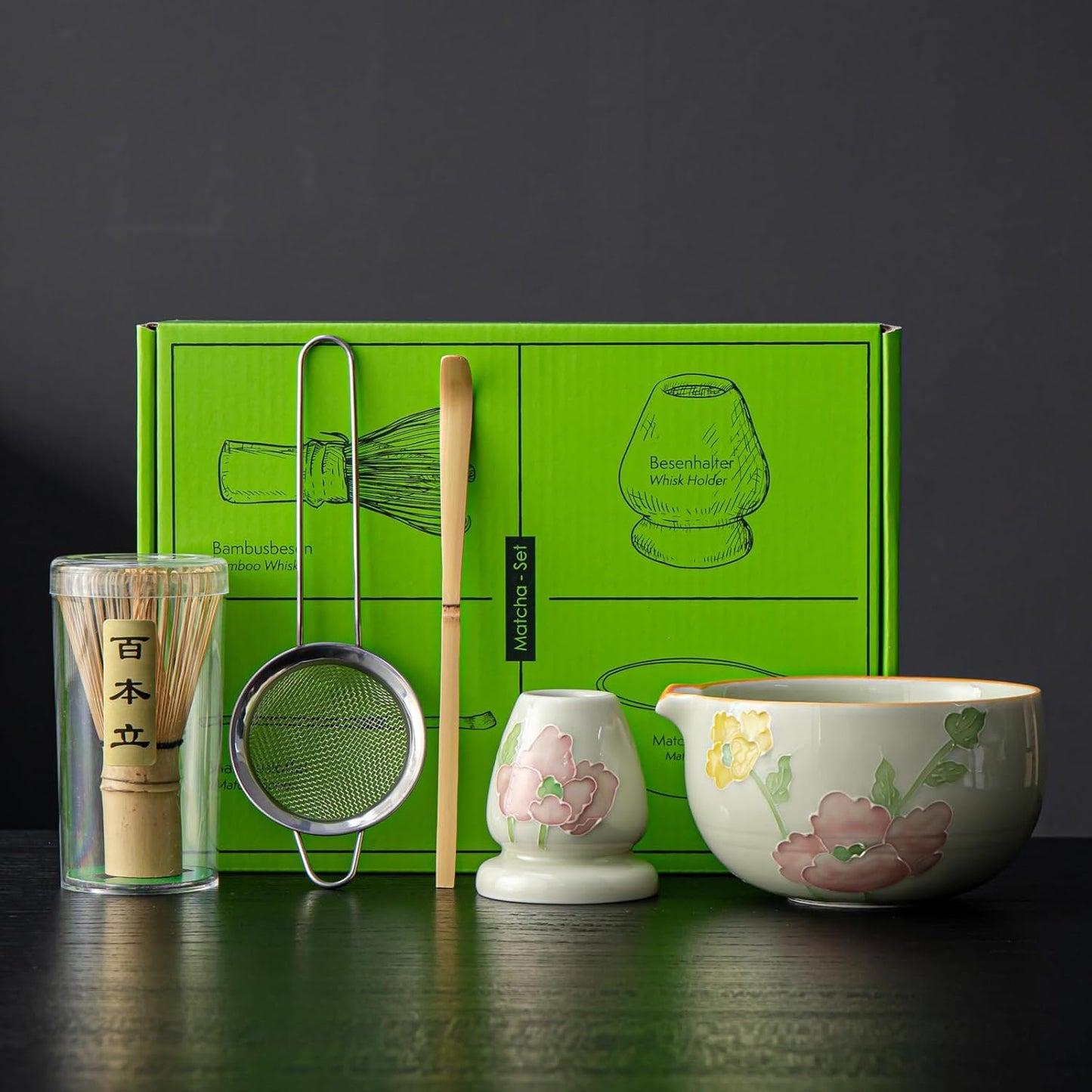 Matcha Set, Matcha Whisk Set Includes Matcha Bowl and Whisk, Whisk Holder, Sifter, Scoop, Spoon Holder, Tea Towel- 7pcs Perfect Matcha Kit for Matcha Tea Ceremony