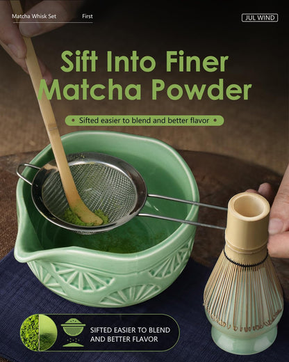Matcha Whisk Set, Ceramic Matcha Set Includes Bowl with Spout, Whisk and Holder, Bamboo Scoop, Sifter and Tea Towel - 6 Pcs Matcha Kit Gift for Matcha Lovers (White)