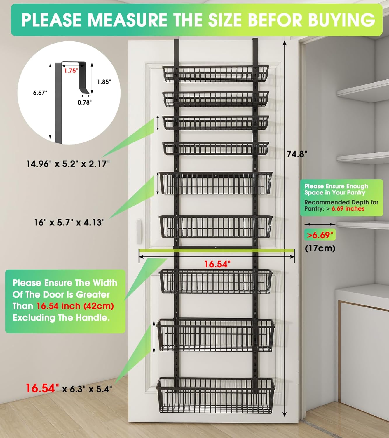 Mefirt White 9-Tier Over The Door Pantry Organizer, Pantry Organization and Storage, Deep Baskets Hanging Heavy-Duty Metal, Wall Spice Rack Seasoning Shelves for Home & Kitchen, Laundry Room Bathroom