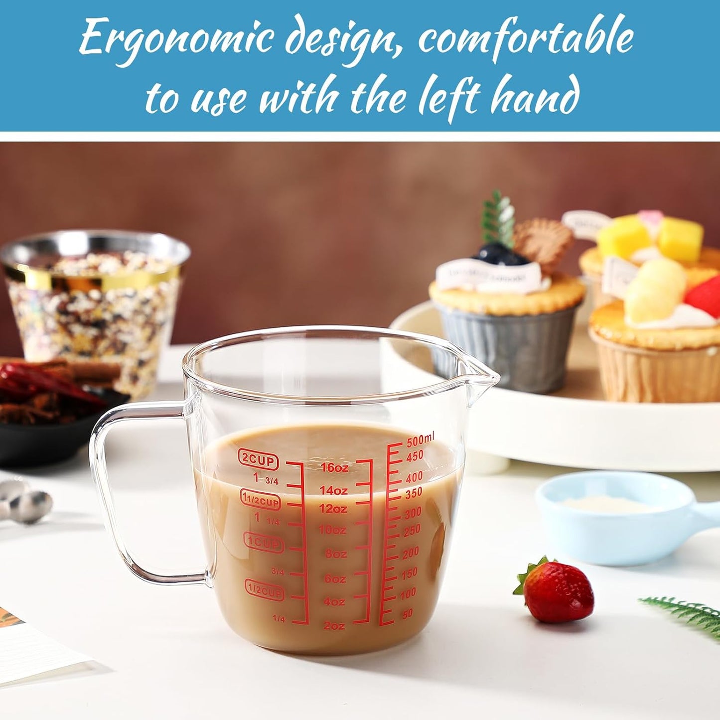 Baderke Left Handed Glass Measuring Cup 2 Cup Clear 16 oz Measuring Beaker with Handle and V Shaped Spout 500 ml for Kitchen, Restaurant, Liquid, Easy to Read, Red Measurements