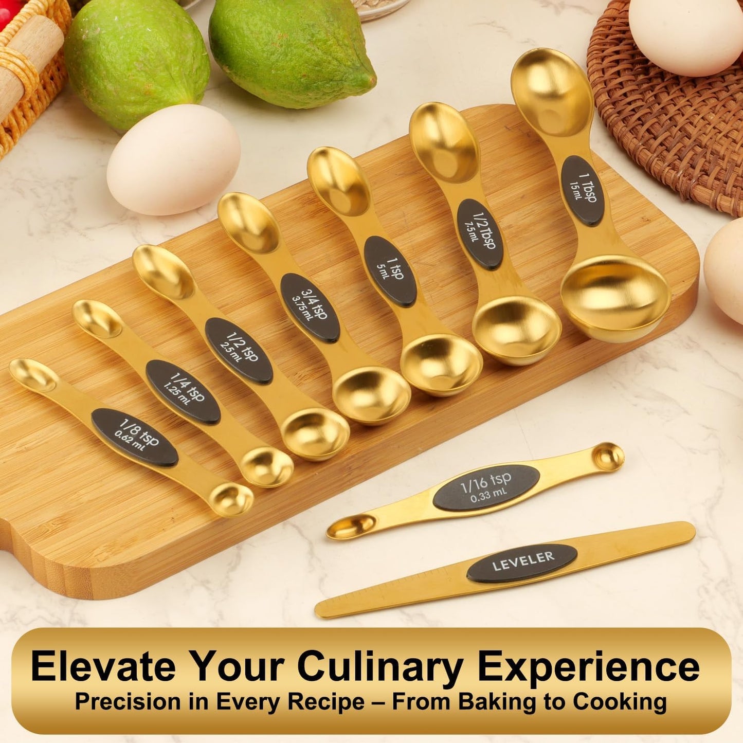 Gold Magnetic Measuring Spoons Set Stainless Steel with Leveler, Dual-Sided Stackable Metal Measuring Spoons for Baking & Cooking, Fits in Spice Jars, Heavy Duty Kitchen Gadgets, 8 Spoons & 1 Leveler