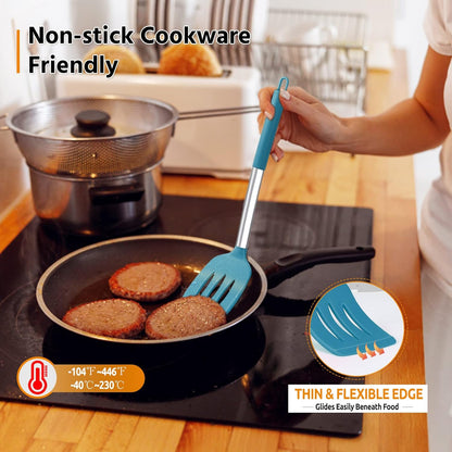 E-far Cooking Utensils Set of 4, Silicone Kitchen Utensils for Non-stick Cookware, Heat Resistant & Non-toxic Slotted Spatula Solid Spoon Turner for Flipping Mixing Serving Basting(Black)