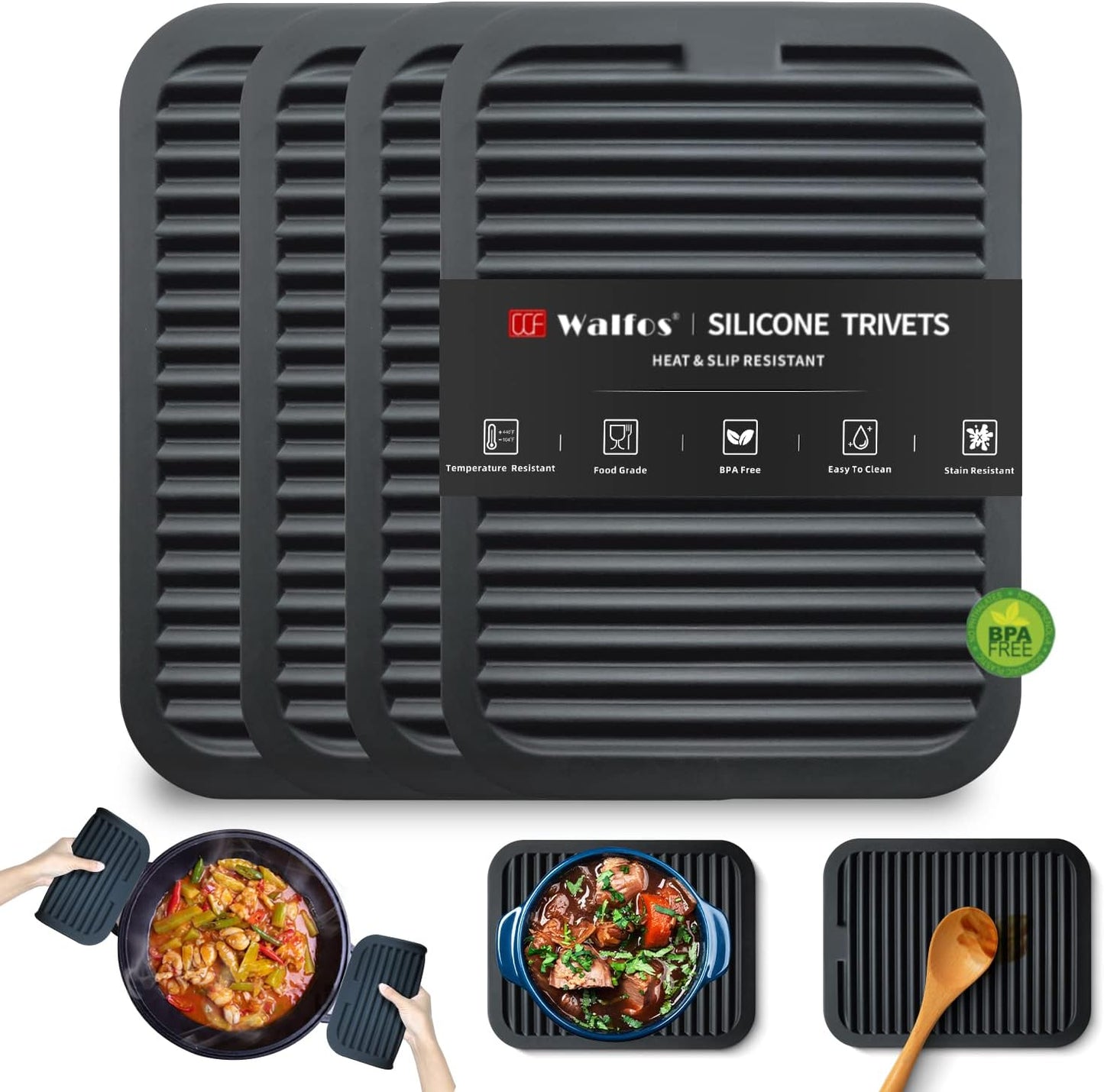 Walfos Silicone Trivet Mats - 4 Heat Resistant Pot Holders, Multipurpose Non-Slip Hot Pads for Kitchen Potholders, Hot Dishers, Jar Opener, Spoon Holder, Food Grade Silicone & BPA Free (Black)