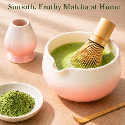 Matcha Whisk Set, Ceramic Matcha Set Includes Bowl & Holder, Bamboo Whisk (Chasen), Scoop, Spoon and Sifter, 6PCS Matcha Kit Covers Everything Needed for Making Matcha (Green)