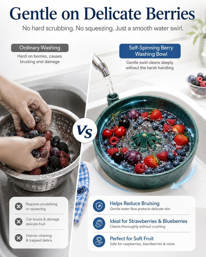 Berry Bowl Washing Bowls with Holes Ceramic Rinse Fruit Strawberry Washer Spinner Self Spinning Strainer Spin Swirling Colander Vegetable Hydro Cleaning Rinsing Vortex Saucer(1PC)