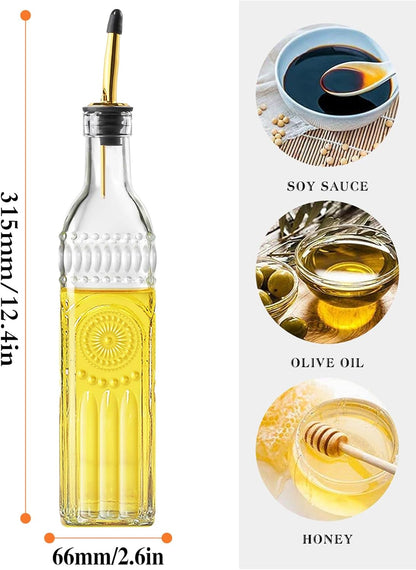 4 Pcs Olive Oil Dispenser Bottle for Kitchen,17oz Clear Glass Oil and Vinegar Dispenser Bottle Set, Classic Coffee Syrup Dispenser with 4 Stainless Steel Spouts and 1 Funnel (Round)