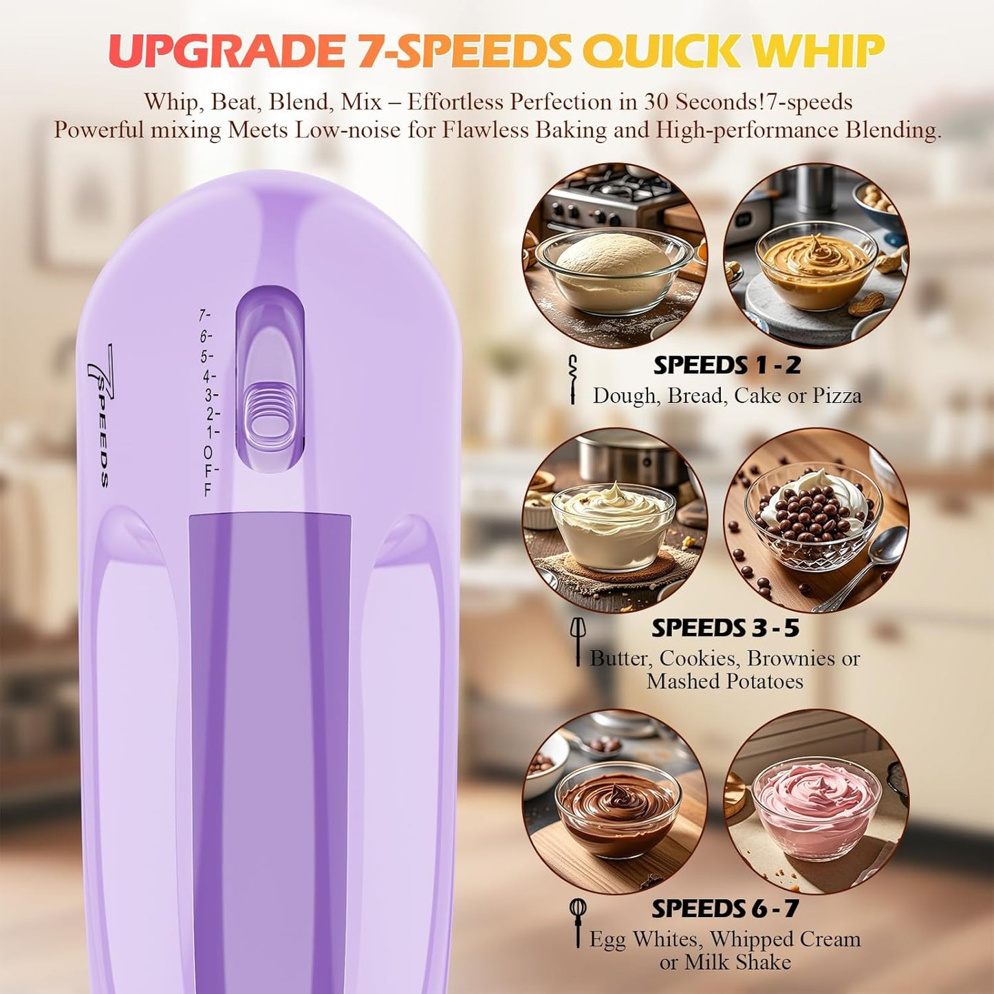WADODO 7-Speed Electric Hand Mixer – Portable Food Mixer Kitchen Mixer with 304 *(1x Whisk, 2x Beater, 2x Dough hook) for Baking Cakes, Cream, Cookies, Light Pink