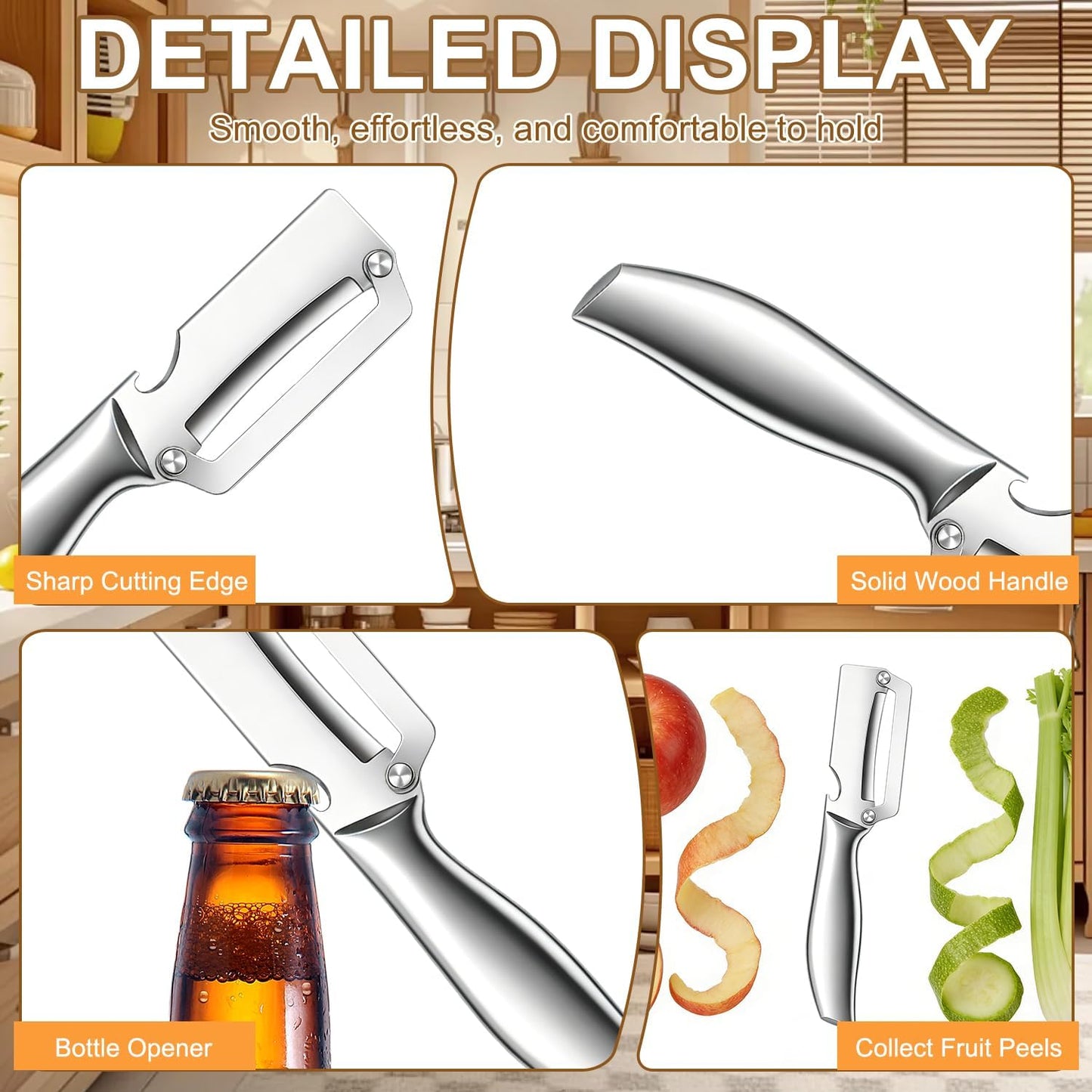 2pcs Multi-Functional Vegetable Peeler for Kitchen,2-In-1 Stainless Steel Kitchen Tool for,stainless steel sharp blade with bottle opener,Suitable for fruits and vegetables