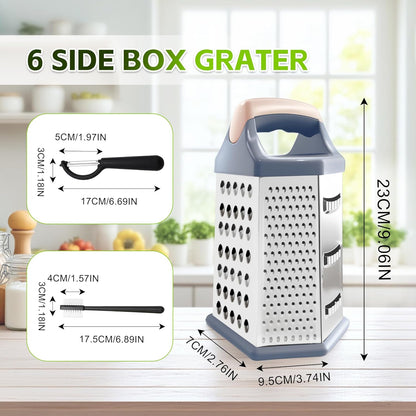 Cheese Grater, 6 Sides Box Graters for Kitchen, Stainless Steel Food Shredders for Cheese Vegetables Potatoes Carrot (Pink Handle)