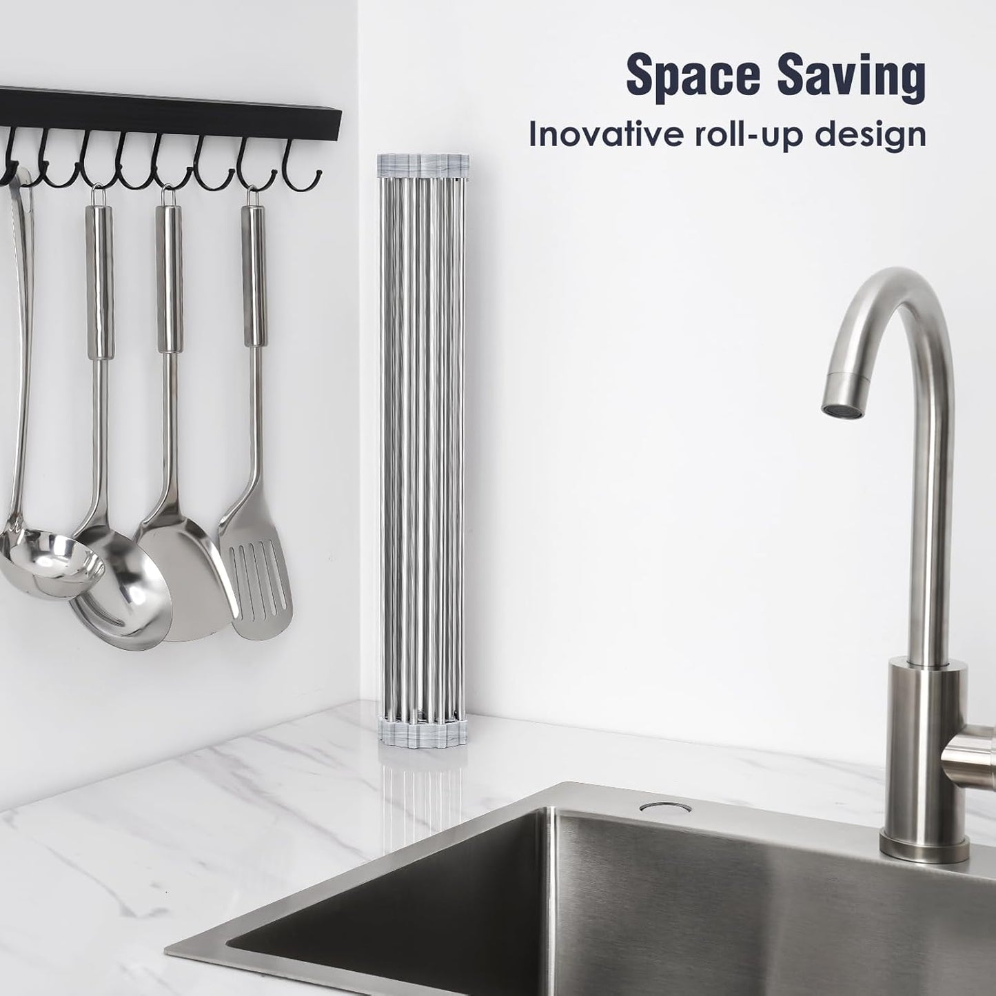 Tomorotec 17.7" x 15.5" Roll Up Dish Drying Rack Over Sink Drying Rack Sink Cover Kitchen Sink Accessories Gadget Multipurpose Organizer Foldable Stainless Steel Drainer