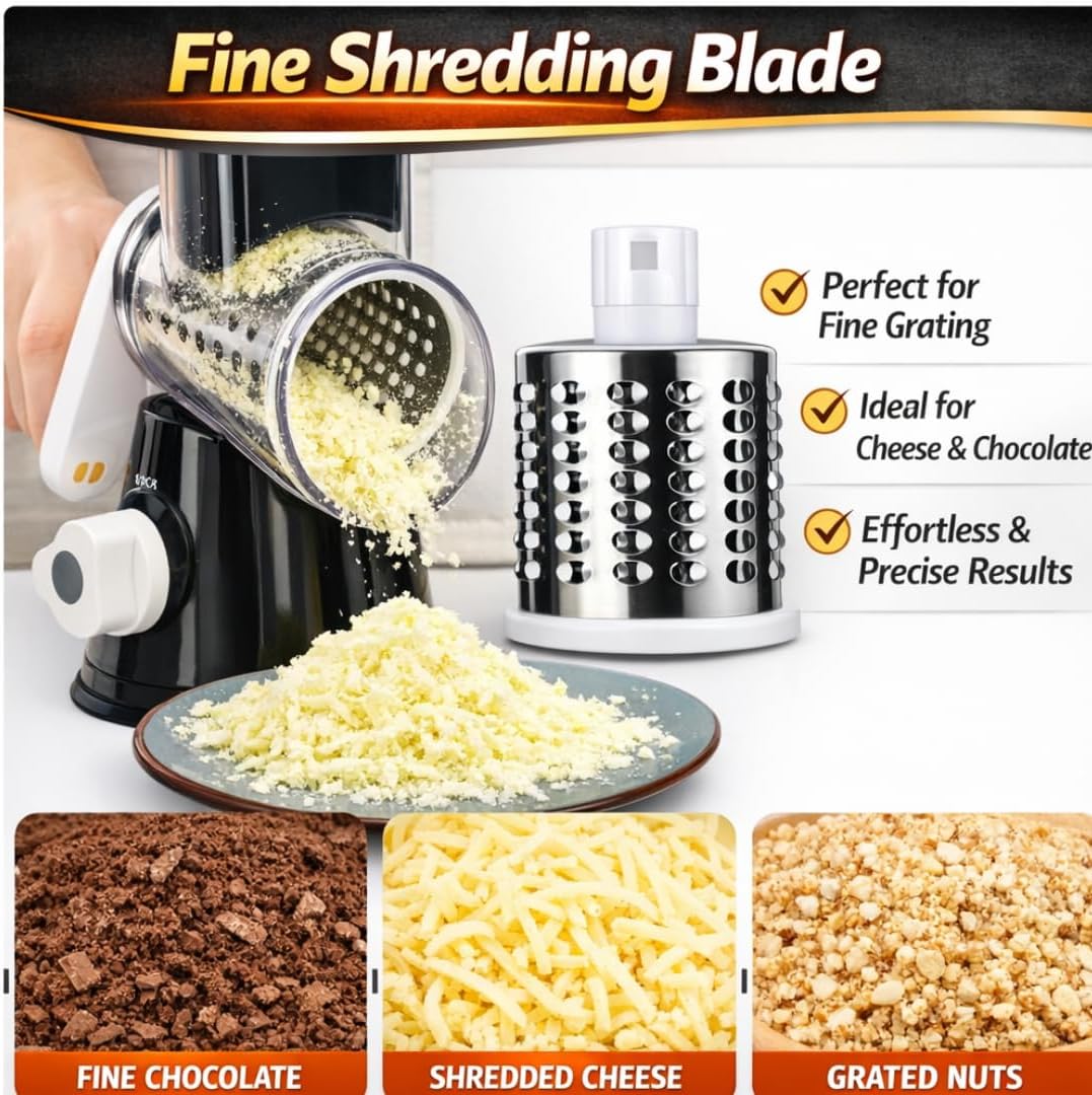 Stainless Steel Rotary Cheese Grater, Hand Crank Vegetable Shredder, food grater & Slicer — 3-in-1 Stainless Steel Blades for Parmesan, Cheese & Nuts, Suction Base, BPA-Free