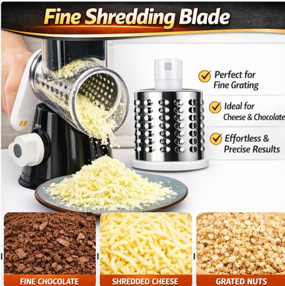 Stainless Steel Rotary Cheese Grater, Hand Crank Vegetable Shredder, food grater & Slicer — 3-in-1 Stainless Steel Blades for Parmesan, Cheese & Nuts, Suction Base, BPA-Free