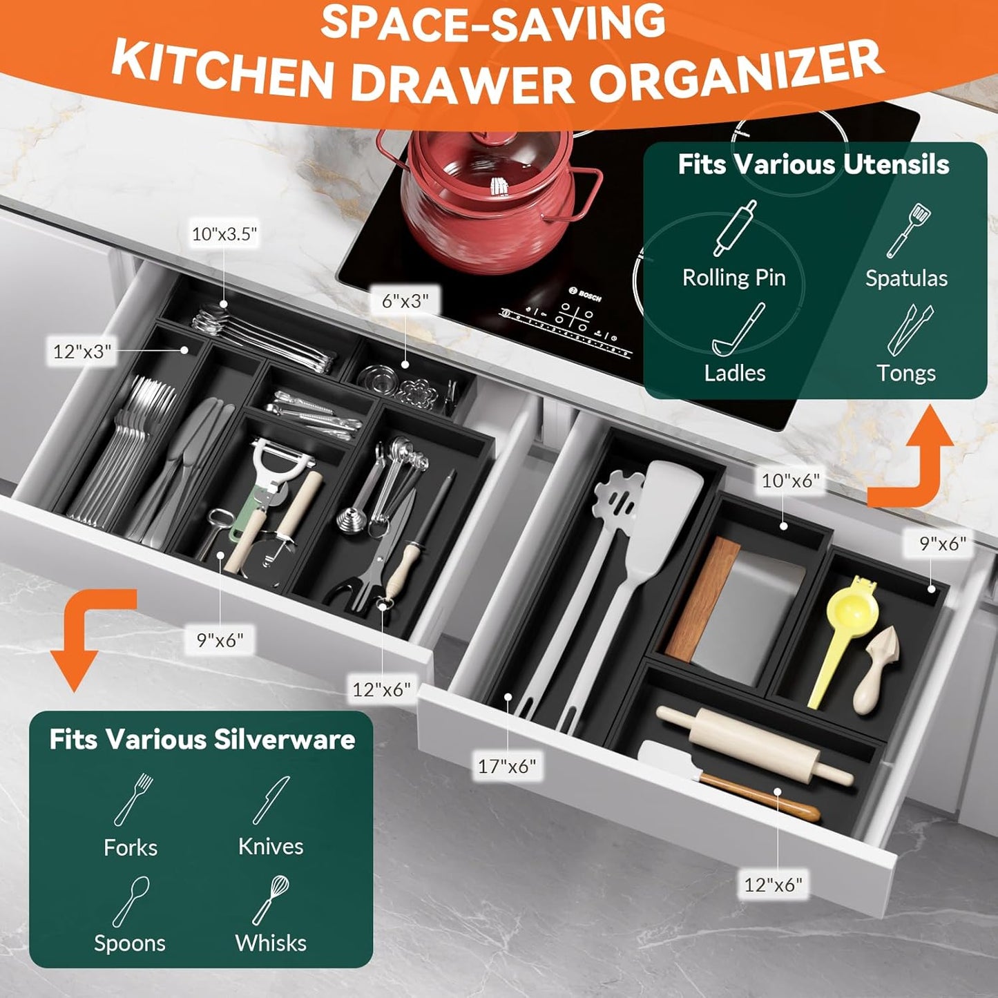Lixple Bamboo Drawer Organizer, Narrow Stackable Cutlery Tray for Kitchen, 2 Pcs Silverware & Utensil Box, 12" x 3" x 2" (Outer), 11.3" x 2.3" x 1.77" (Inner)
