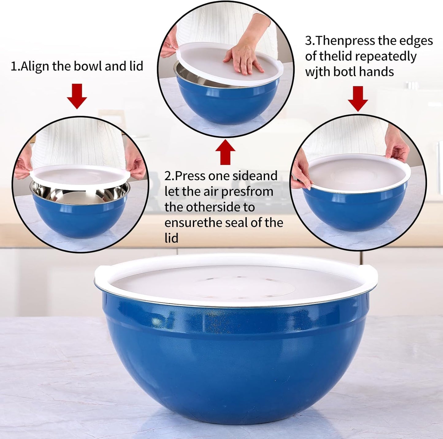 Red Mixing Bowls with Lids Set of 7, Stainless Steel Nesting Bowl with Khaki Lid for Non-slip Mixing Prepping Storing Serving, 7 Sizes-7/3.6/2.7/2.1/1.5/1/0.8 QT