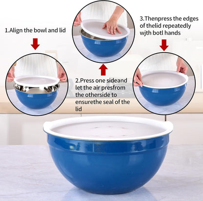 Red Mixing Bowls with Lids Set of 7, Stainless Steel Nesting Bowl with Khaki Lid for Non-slip Mixing Prepping Storing Serving, 7 Sizes-7/3.6/2.7/2.1/1.5/1/0.8 QT