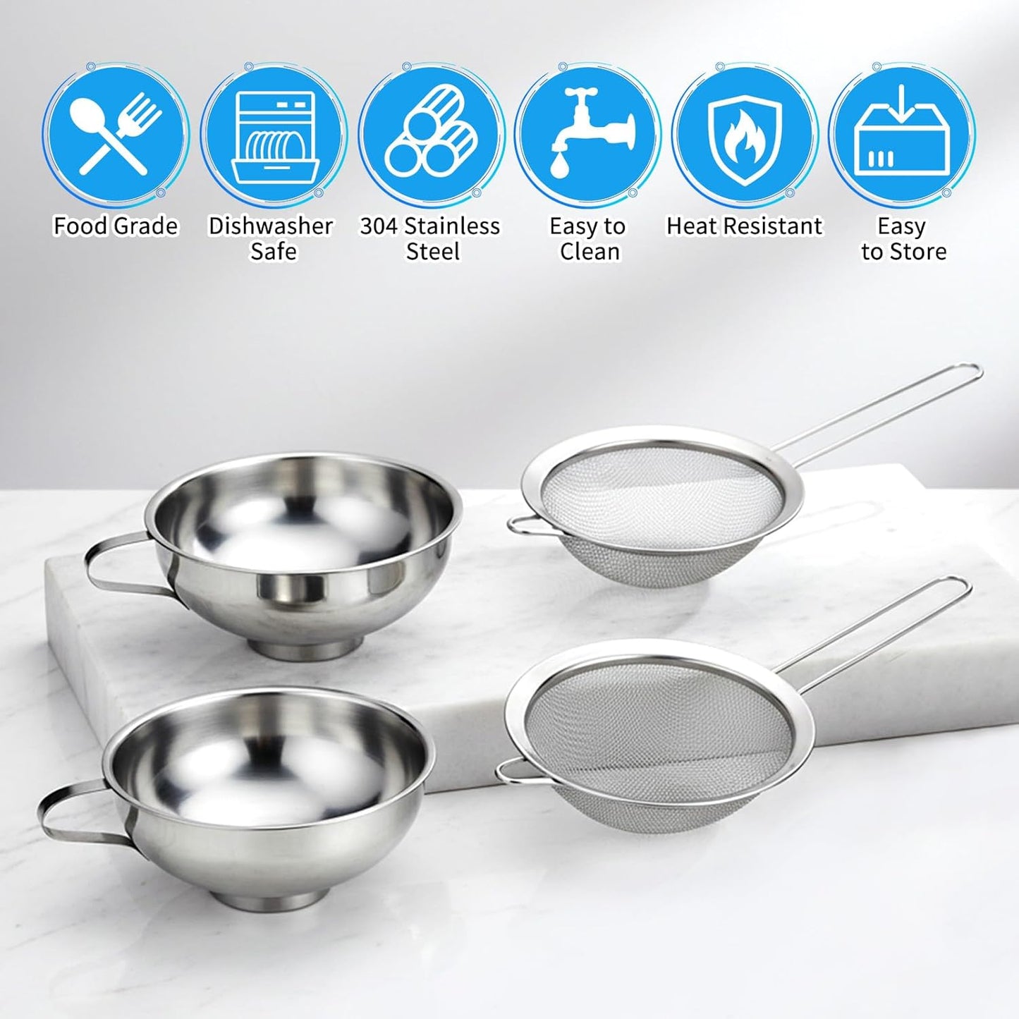 4 Pieces Stainless Steel Funnels with Fine Mesh Strainer, 2 Size Kitchen Canning Funnels Food Can Drainer Strainer with Handle