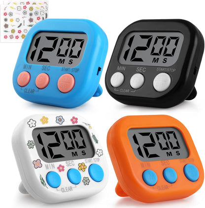 GeeRic Kitchen Timers 4 Pack, Electronic Timers with Loud Alarm for Cooking, Magnetic Digital Timers Big LCD Display Blue Green Pink White (No Battery Included)