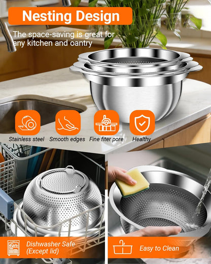 4 PCS Stainless Steel Colander and Mixing Bowl Set, 3QT & 5QT Strainer Bowls with Handle, Metal Mesh Basket for Washing Rice, Pasta, Fruit, Vegetables, Kitchen Draining Set