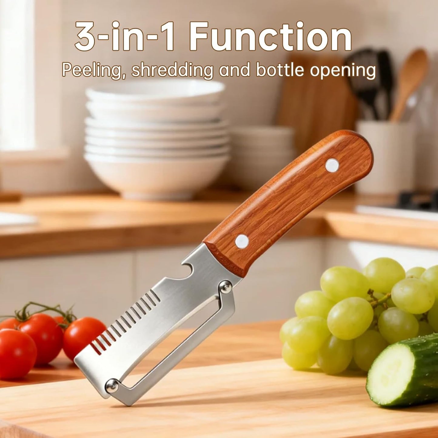 3-in-1 Multi-Function Kitchen Vegetable Peeler with Wooden Handle and Bottle Opener, Ideal for Peeling Fruits and Vegetables, Stainless Steel Blade Kitchen Tool (2 PCS)