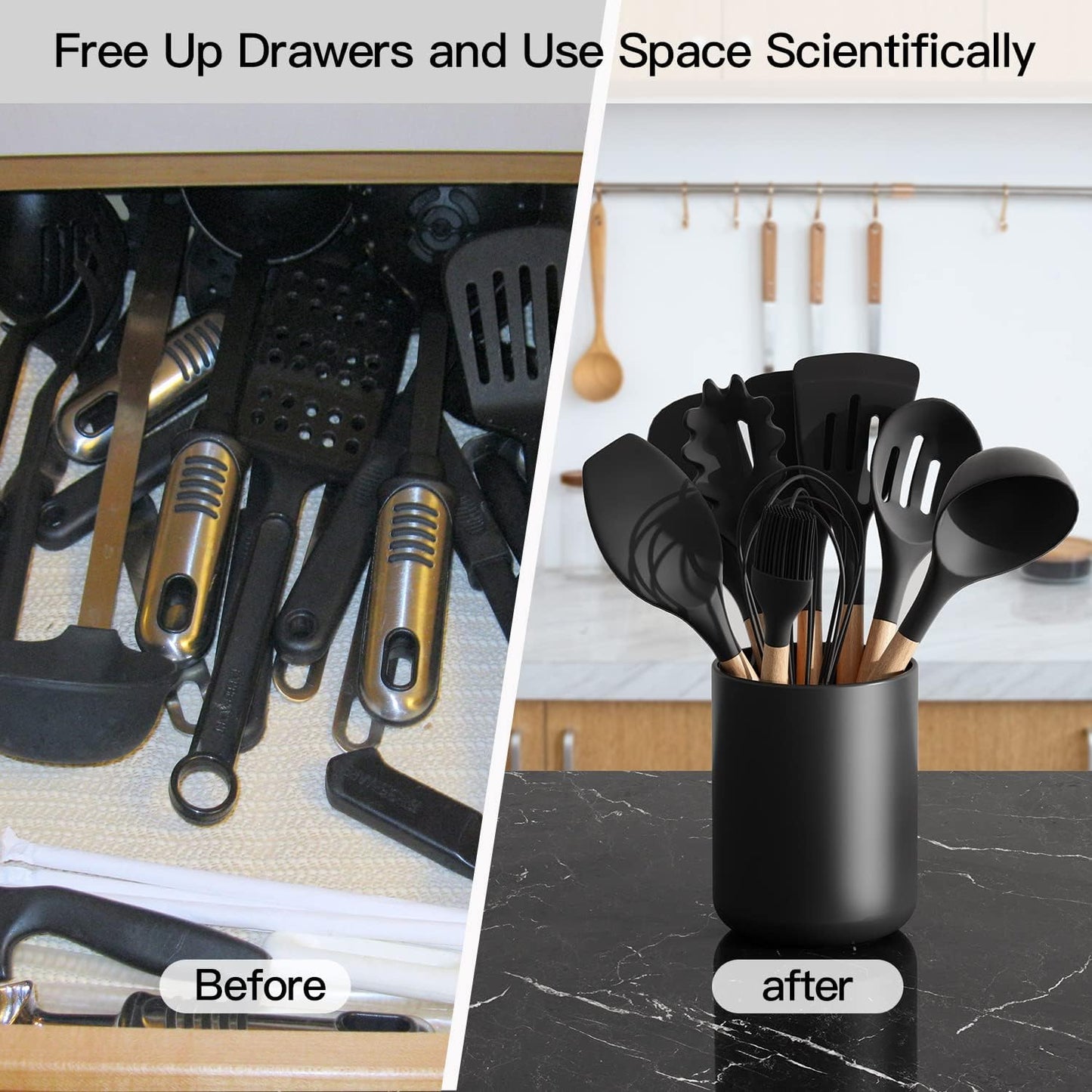demany Black Kitchen Utensil Holder for Countertop Easy to Clean, Stable Matte Ceramic Cooking Utensil Crock for kitchen Counter, Spatula Holder for Farmhouse Décor 4.6×6.5 INCH