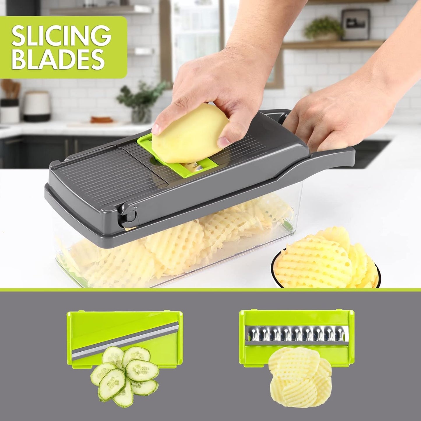 Ourokhome Vegetable Chopper Onion Cutter, 14 in 1 Professional Mandolin Slicer for Kitchen, Multifunctional Food Chopper for Potato, Tomato, Veggie with Strainer Basket, 10 Blades, Gray