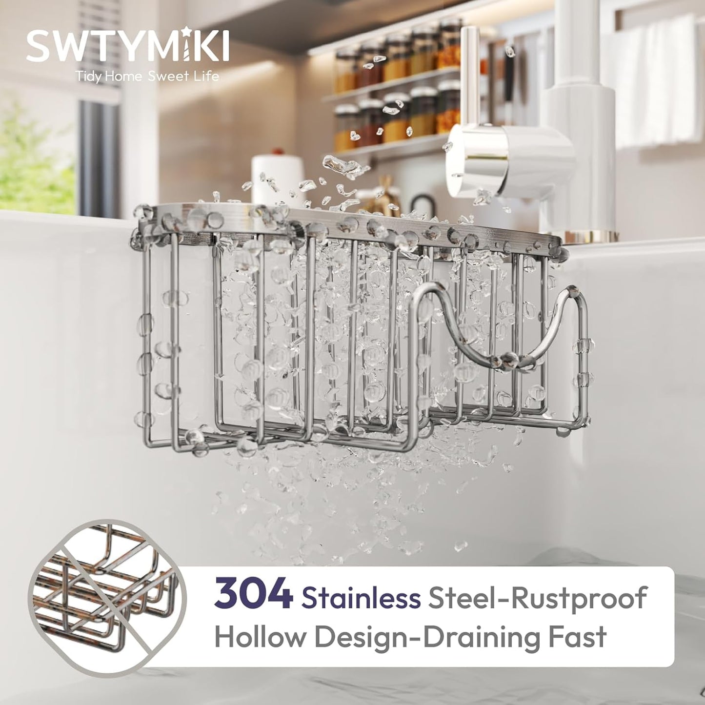 SWTYMIKI Sponge Holder for Kitchen Sink - Movable Kitchen Sink Caddy with M Shape Hook, Stainless Steel Hanging Sponges Caddy Organizer in Double Bowl Sinks Depth>3.15in, Middle Divider<1.5in, Black