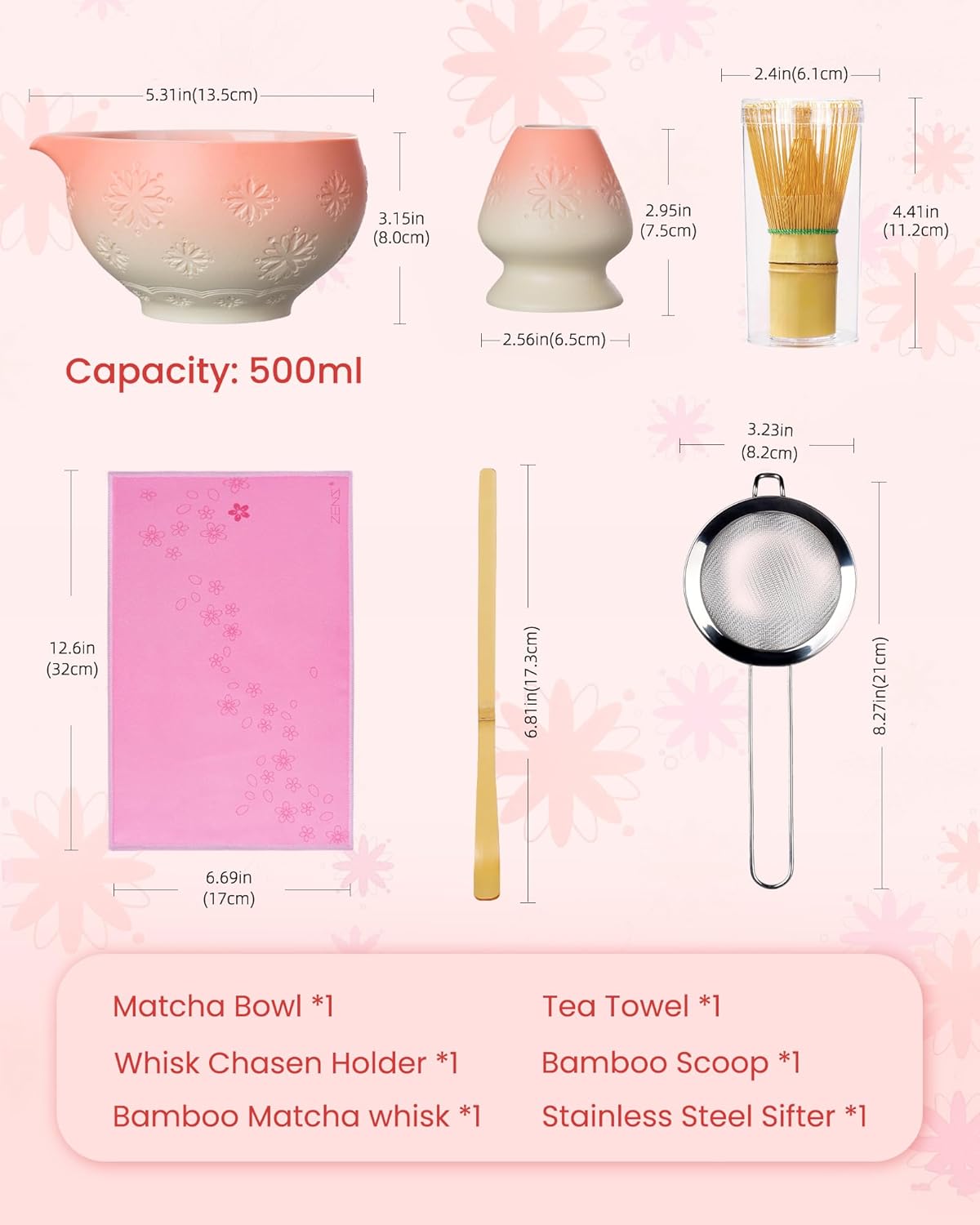 ZENS Matcha Whisk Set, Ceramic Matcha Kit Set Includes Matcha Bowl, Bamboo Whisk and Scoop, Chasen Holder, 304 Sifter and Tea Mat - 6Pcs Matcha Kit for Matcha Lovers (White)