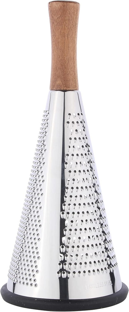 Cone Cheese Grater with Handle - Stainless Steel Triple Function Wood Handle Parmesan Shaver Non-Slip Rubber Bottom Hand Held Multifunction Vegetables Cheese Grater with container(S: 7.7" X 3.5")
