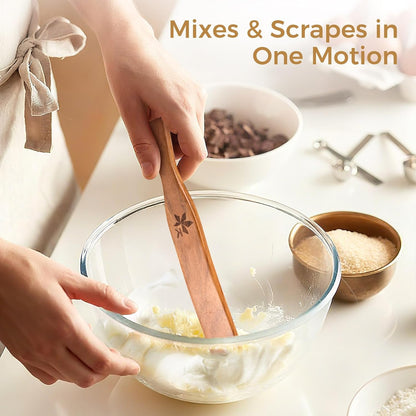 2 Pack Spurtle for Sourdough Starter, Danish Dough Whisk and Jar Spatula, Solid Teak Wood for Mixing, Scraping Jars and Bread Making Tools, Wooden Kitchen Utensils for Non-Stick Cookware