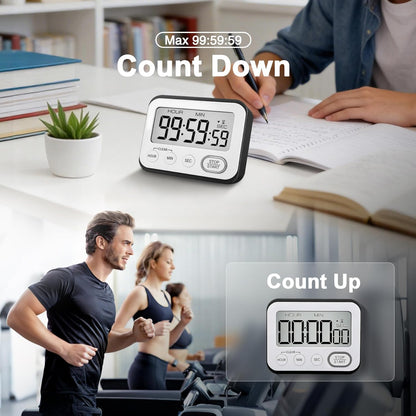 Digital Kitchen Timer Magnetic Loud Alarm, Large LCD Screen Silent/Beeping Multi-Function for Teachers Classroom Kids, Black