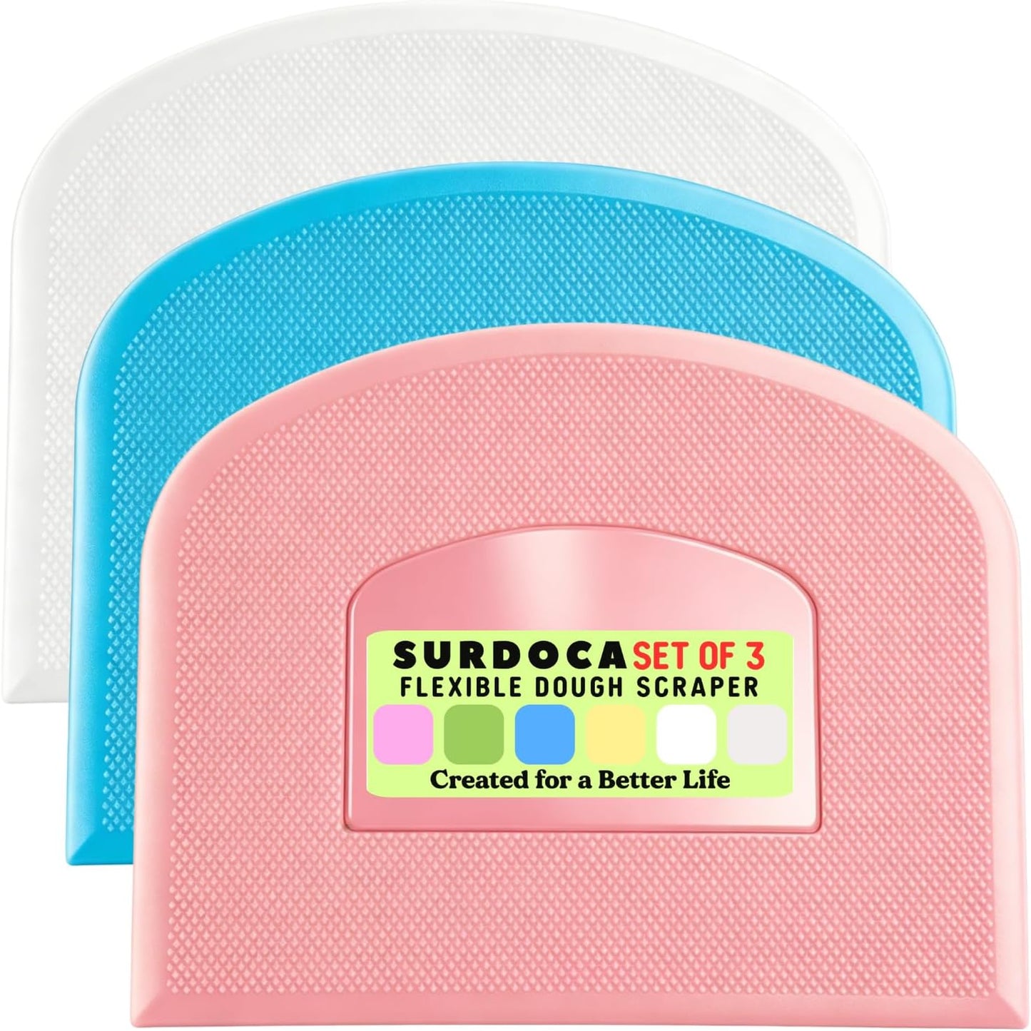SURDOCA Dough Scraper Bench Scraper - 3P 4.7x3.7" Plastic Flexible Bowl Scraper, Sharp Edge & Angles Cake Scraper. Non-Slip Bakeware Decorating Tools Sculpting & Modeling Tools - Green+White+Green - Colors A
