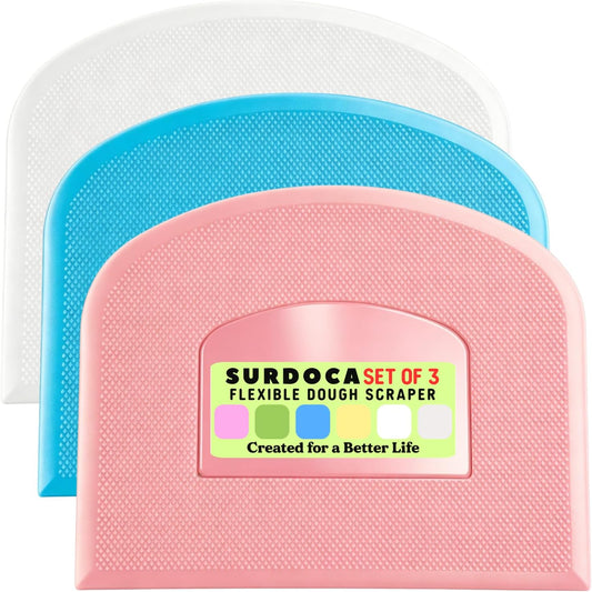 SURDOCA Dough Scraper Bench Scraper - 3P 4.7x3.7" Plastic Flexible Bowl Scraper, Sharp Edge & Angles Cake Scraper. Non-Slip Bakeware Decorating Tools Sculpting & Modeling Tools - Green+White+Green - Colors A