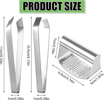 Garlic Press and Peeler Set, 2pcs Stainless Steel Garlic Mincer 1pcs Stainless Steel Garlic Chopper Garlic Tweezers Garlic Crusher Garlic Clippers Garlic Press Rocker Easy Faster Kitchen Tools