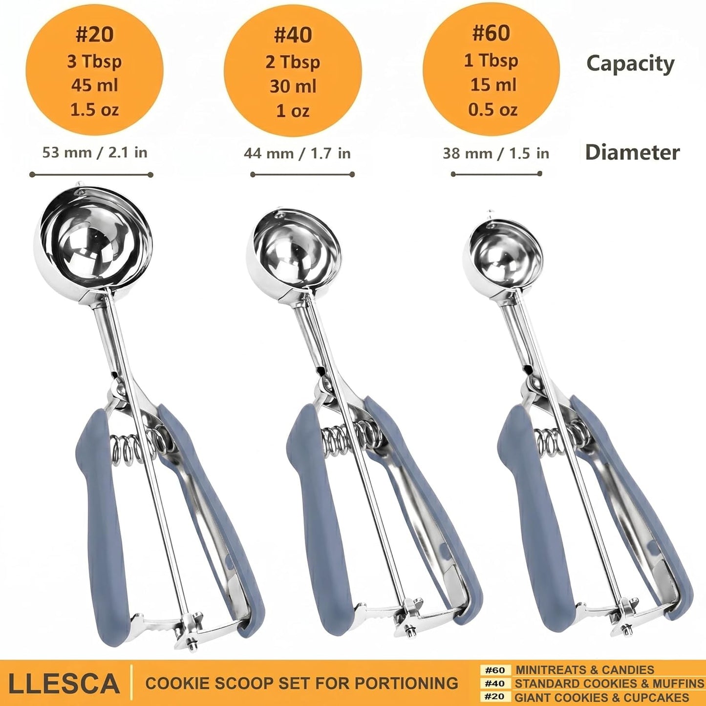Cookie Scoop Set, 3Pcs Ice Cream Scoop, Cookie Scoops for Baking Set of 3, 18/8 Stainless Steel Cookie Scooper for Baking, Ice Cream Scooper with Trigger Release, Cookie Dough Scoop with Non-slip Grip