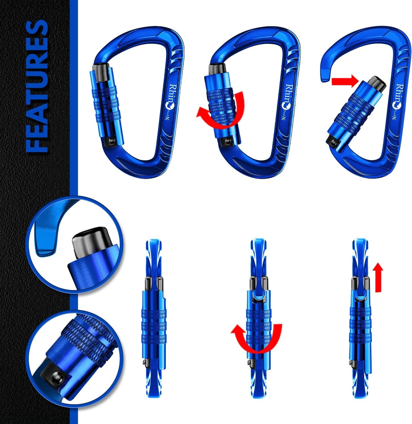 Rhino Produxs 12kN (2697 lbs) Heavy Duty Carabiner Clips, for Securing Pets, Outdoor, Camping, Hiking, Hammock, Dog Leash Harness, Keychains
