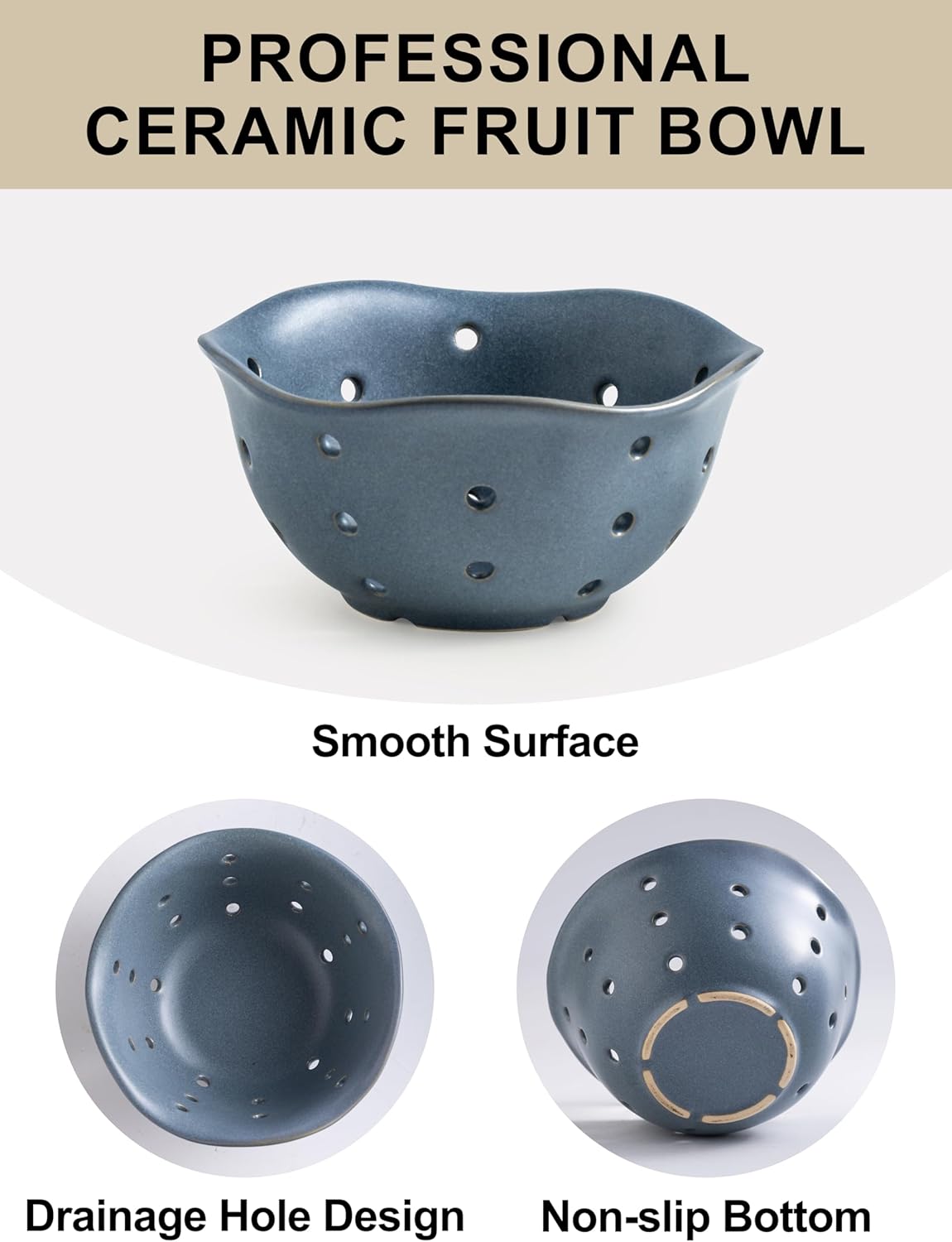 Gomakren Ceramic Berry Basket Set of 2, Round Fruit Bowl with Holes, Fruit Storage Containers for Fridge, Small Fruit Basket for Kitchen Counter, Berries, Strawberry, Mothers Day Gifts, White
