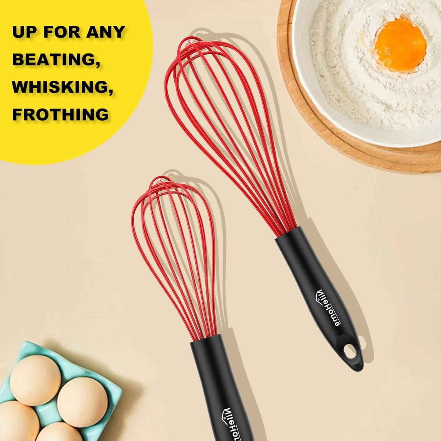 NileHome Silicone Whisk Set 8" 10" 12" Kitchen Whisk Kitchen Wisk Wire Whisks for Cooking, Whisking, Blending, Beating, Stirring-Black 3 Pack