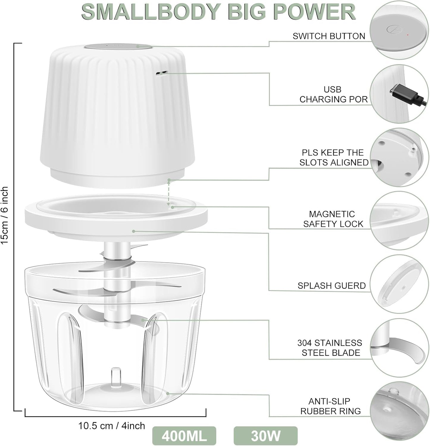 400ML Electric Garlic Chopper, 6 Blades Garlic Grinder Mini Vegetable Chopper, USB Portable Veggie Chopper, Onion Mincer, Food Processor for Ginger, Chili, Fruit, Meat