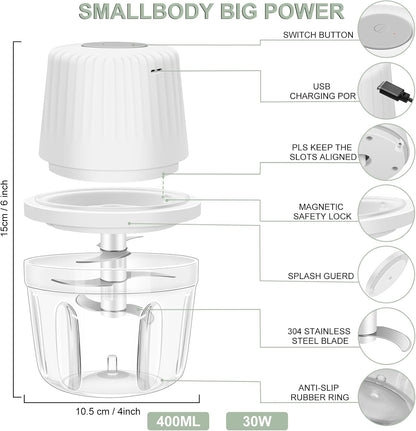 400ML Electric Garlic Chopper, 6 Blades Garlic Grinder Mini Vegetable Chopper, USB Portable Veggie Chopper, Onion Mincer, Food Processor for Ginger, Chili, Fruit, Meat